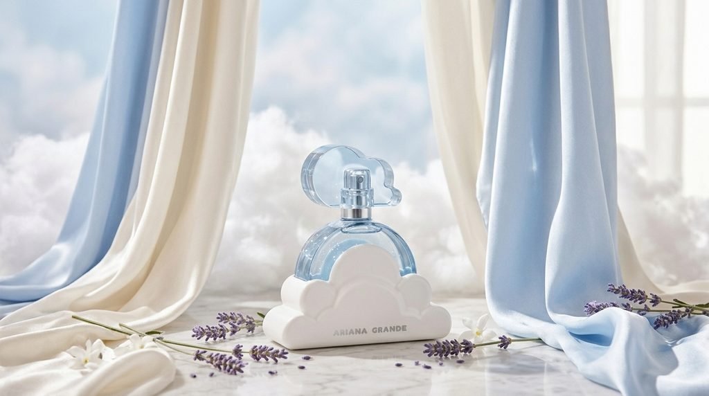 Cloud-inspired perfume bottle styled with white clouds, creamy satin, and a dreamy neutral background.