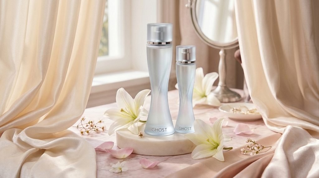 Ghost perfume bottles displayed on an elegant vanity with white flowers.