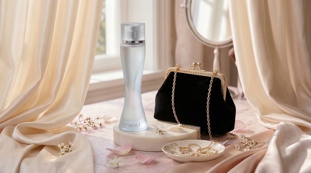 Ghost perfume styled with an evening handbag, gold jewelry, and satin accessories.
