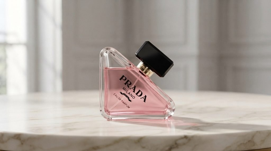 Prada Paradoxe Eau de Parfum pink perfume bottle with black cap on a luxury vanity.