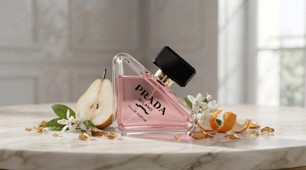 Prada Paradoxe perfume surrounded by pear, citrus, white flowers, amber-toned details, and soft musk-inspired