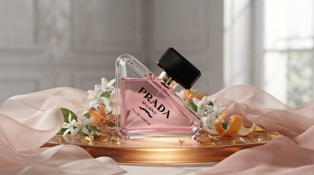reate an ultra-realistic luxury perfume editorial image that communicates the scent mood of Prada Paradoxe Eau de Parfum. Show the authentic pink triangular Prada Paradoxe bottle surrounded by delicate white jasmine and orange blossoms, translucent blush-pink fabric, and a softly glowing amber glass surface. The image should evoke fresh florals, subtle sweetness, and warm musk without using literal smoke or artificial visual effects. Premium beauty magazine aesthetic, realistic materials, soft directional daylight, balanced shadows, minimal uncluttered styling, vertical 3:4 aspect ratio, high resolution, accurate bottle proportions and branding, no text