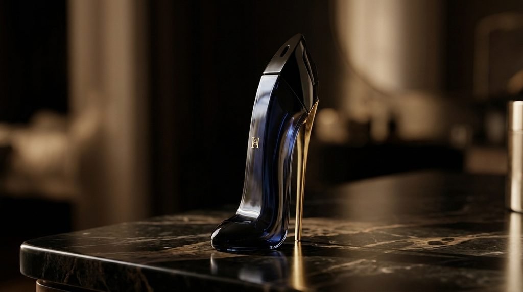 Carolina Herrera Good Girl Perfume in a midnight-blue stiletto bottle with a gold heel.