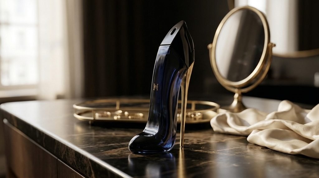 Good Girl stiletto perfume bottle displayed on a luxurious vanity with gold accessories.