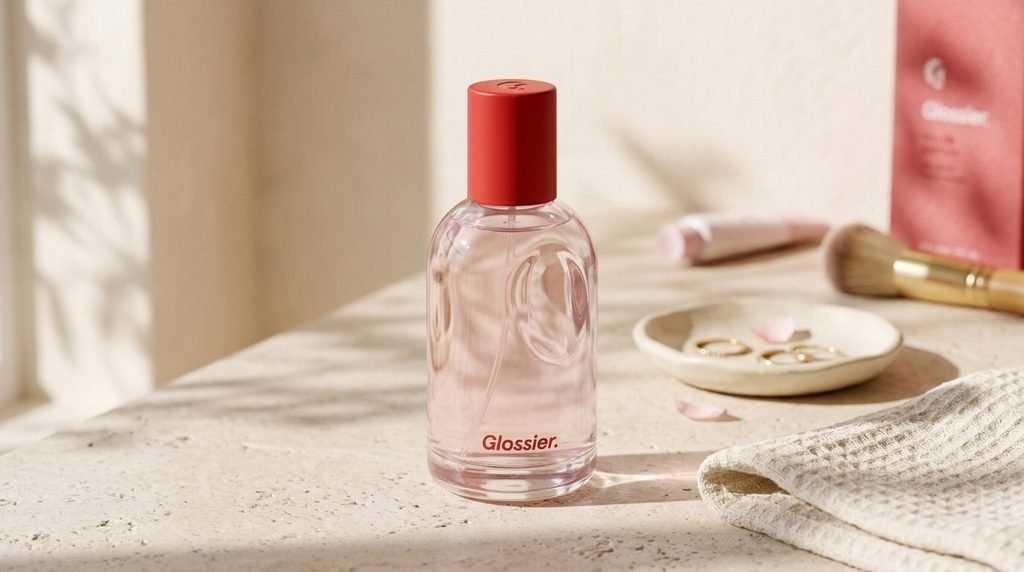 Glossier You perfume styled in a minimalist beauty setting with soft natural lighting