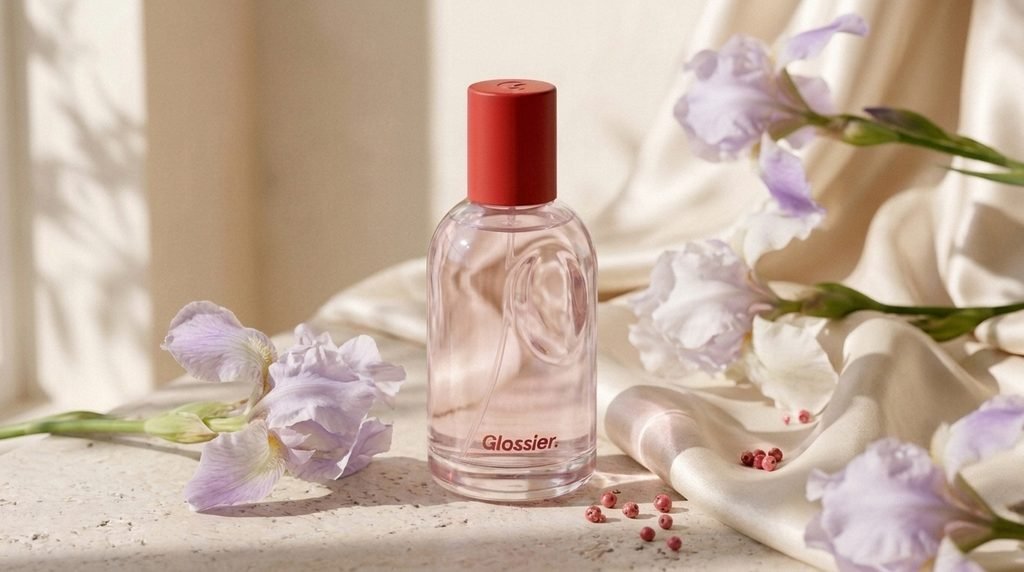 A person applying a light spray of perfume to the wrist during a minimalist beauty routine.