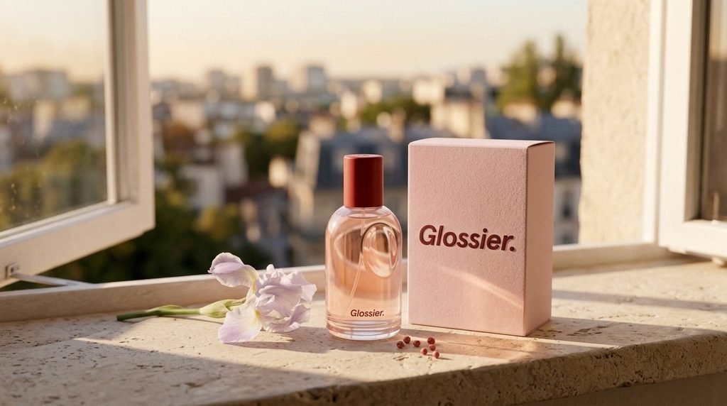 Minimalist pink perfume bottle with understated beauty accessories and neutral fashion details.