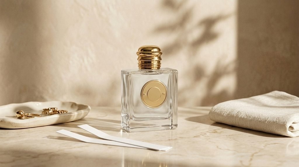 A perfume bottle beside a fragrance-testing strip on a minimalist dressing table.