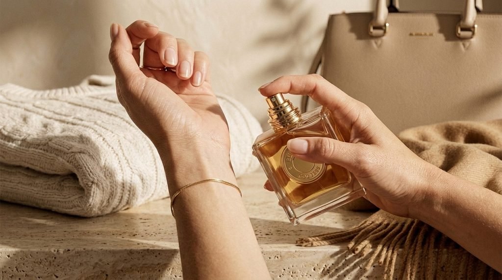 A perfume bottle and wrist displayed in a clean, softly lit beauty routine setting
