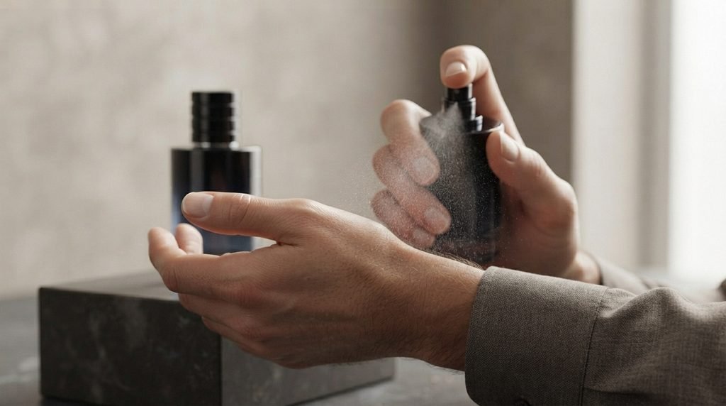 A man applying fragrance to his wrist as part of his daily grooming routine.
