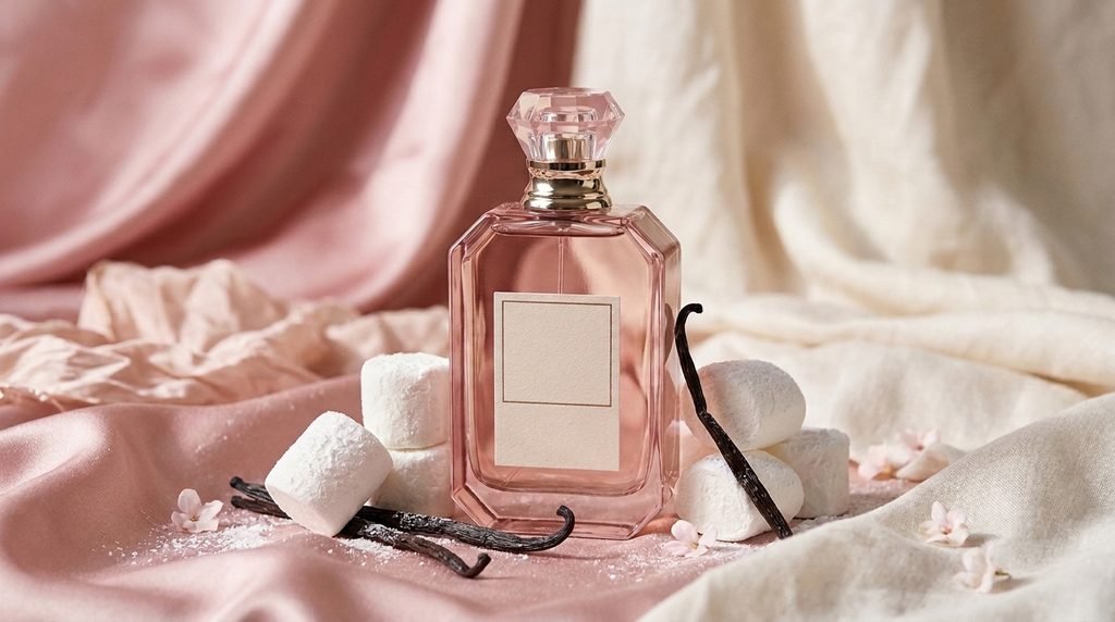 Pink perfume bottle styled with marshmallows and vanilla pods