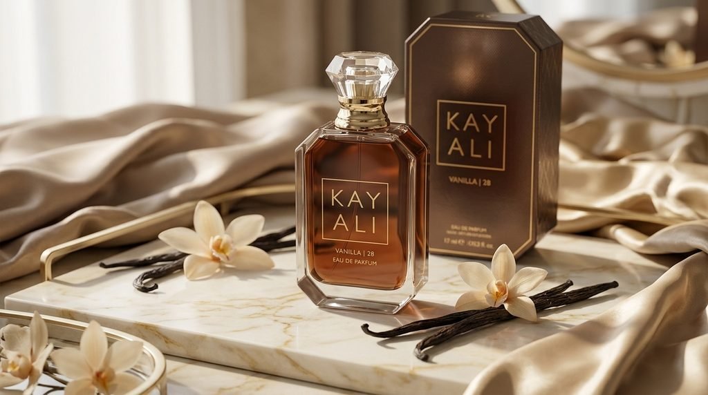 KAYALI Vanilla 28 Eau de Parfum perfume bottle with its original fragrance packaging