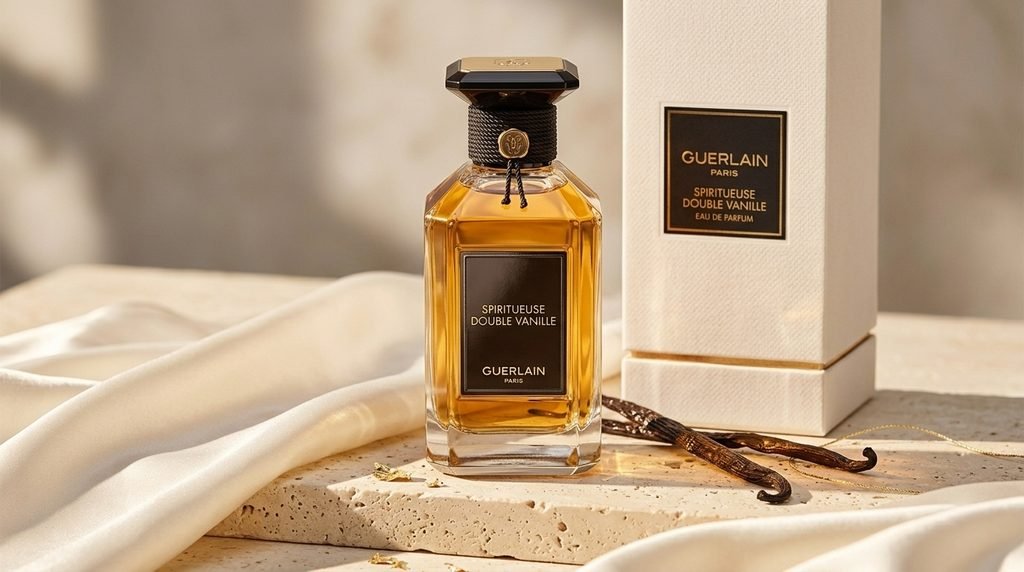 Guerlain Spiritueuse Double Vanille Eau de Parfum luxury perfume bottle and fragrance box.