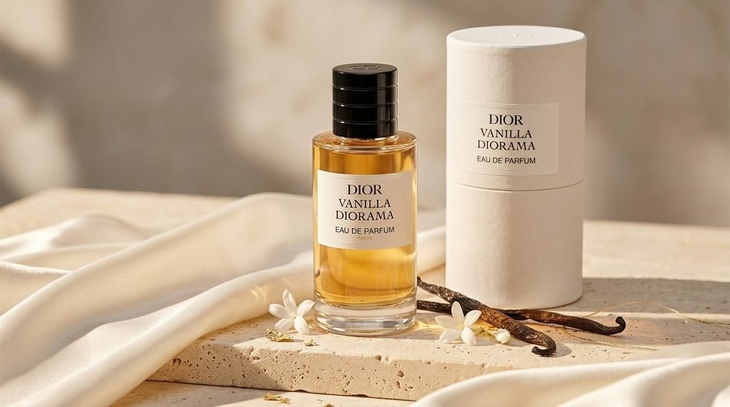 Dior Vanilla Diorama Eau de Parfum luxury vanilla perfume bottle and original packaging.