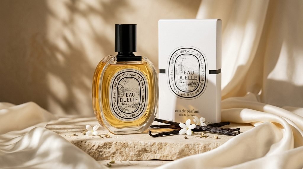 Diptyque Eau Duelle Eau de Parfum vanilla fragrance bottle with branded packaging.