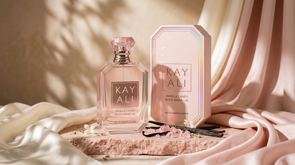 KAYALI Vanilla Candy Rock Sugar 42 Eau de Parfum pink perfume bottle and matching box