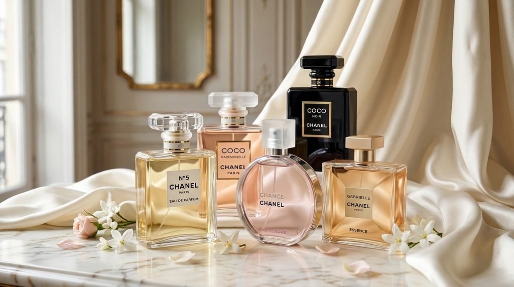 Selection of Chanel perfume bottles representing classic floral, fruity, and woody fragrance styles.