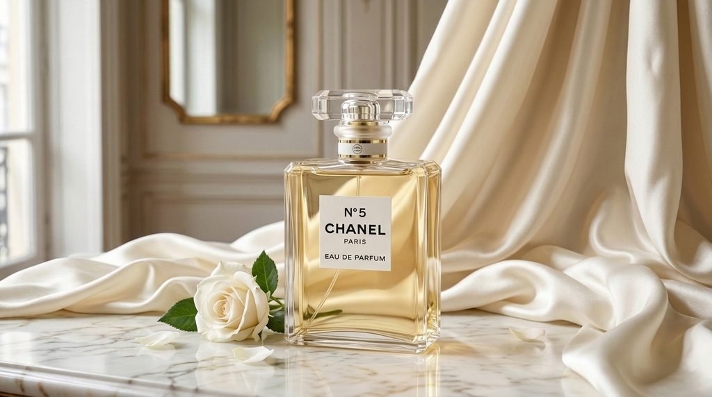 Chanel N°5 Eau de Parfum bottle styled on an elegant ivory vanity with soft natural lighting.