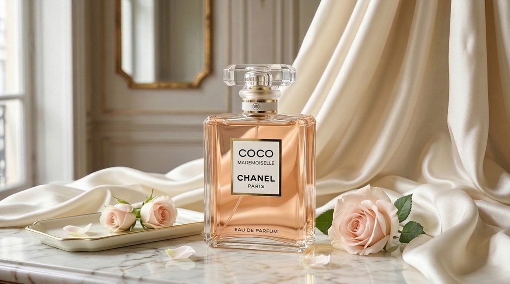 Coco Mademoiselle perfume bottle displayed with soft pink roses and cream silk on a luxury vanity.