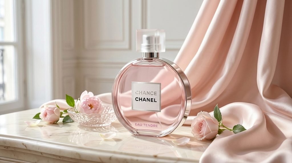 Chance Eau Tendre perfume bottle arranged with pale pink flowers and delicate silk fabric