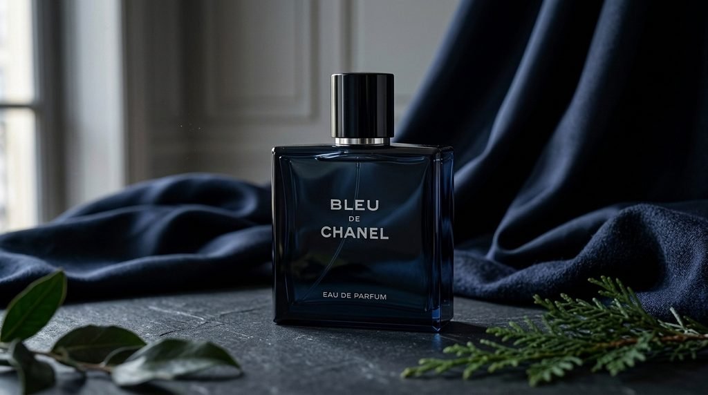 Bleu de Chanel-inspired dark blue perfume bottle photographed against a sophisticated charcoal and navy background.