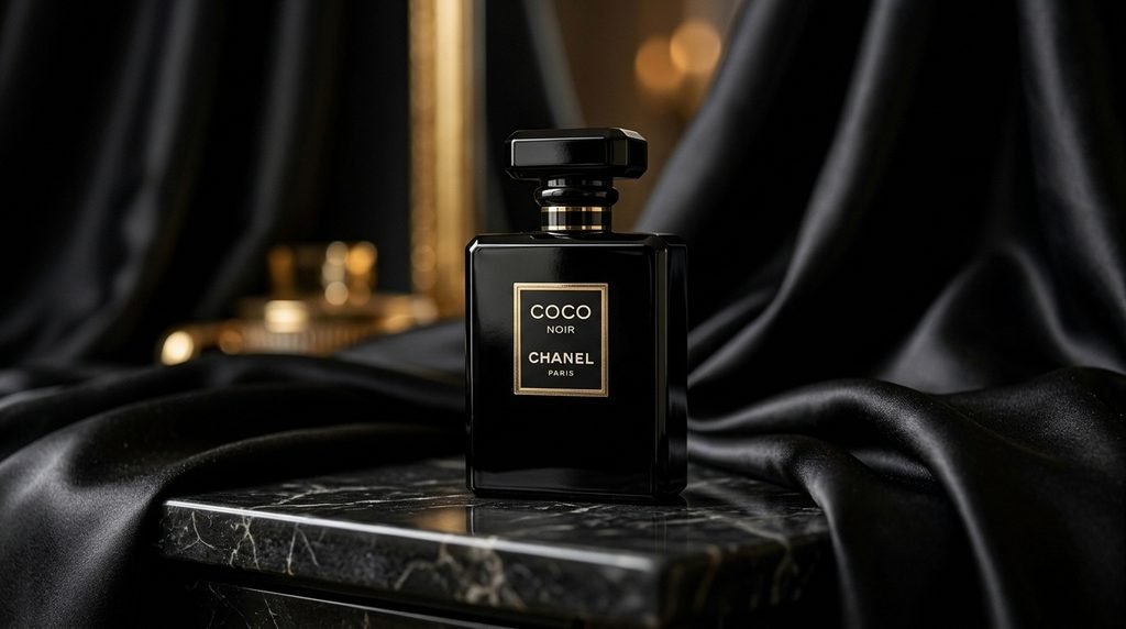 Coco Noir-inspired black perfume bottle displayed with black satin and subtle gold accents.
