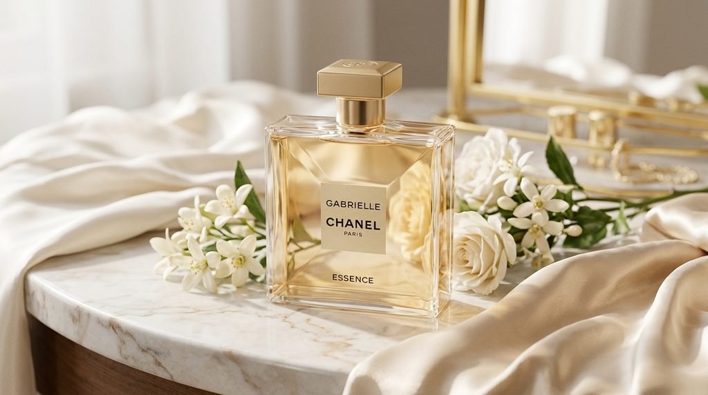 Gabrielle Chanel Essence-inspired perfume bottle styled with creamy white flowers and a softly lit ivory background.
