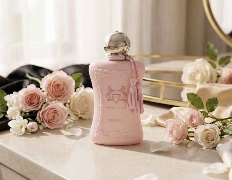 Create a premium luxury perfume featured image inspired by the official product photography of Parfums de Marly Delina Eau de Parfum. Showcase the iconic pale pink perfume bottle with its ornate embossed glass design, elegant silver-toned cap, and signature pink tassel. Clearly display the brand name “PARFUMS de MARLY” and product name “DELINA” on the bottle. Arrange delicate blush-pink roses and white flowers around the bottle on a polished ivory marble surface, with a softly blurred champagne-gold background, gentle studio lighting, realistic reflections, and sophisticated luxury beauty editorial styling. Keep the bottle as the main focal point. Landscape 16:9 aspect ratio, 1200 × 675 pixels. Show only the brand and product names on the packaging. No headline, no extra text, no captions, no slogan, no watermark, and no website name.