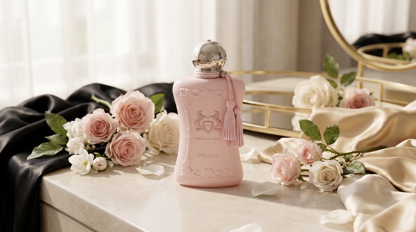 Create a premium luxury perfume featured image inspired by the official product photography of Parfums de Marly Delina Eau de Parfum. Showcase the iconic pale pink perfume bottle with its ornate embossed glass design, elegant silver-toned cap, and signature pink tassel. Clearly display the brand name “PARFUMS de MARLY” and product name “DELINA” on the bottle. Arrange delicate blush-pink roses and white flowers around the bottle on a polished ivory marble surface, with a softly blurred champagne-gold background, gentle studio lighting, realistic reflections, and sophisticated luxury beauty editorial styling. Keep the bottle as the main focal point. Landscape 16:9 aspect ratio, 1200 × 675 pixels. Show only the brand and product names on the packaging. No headline, no extra text, no captions, no slogan, no watermark, and no website name.