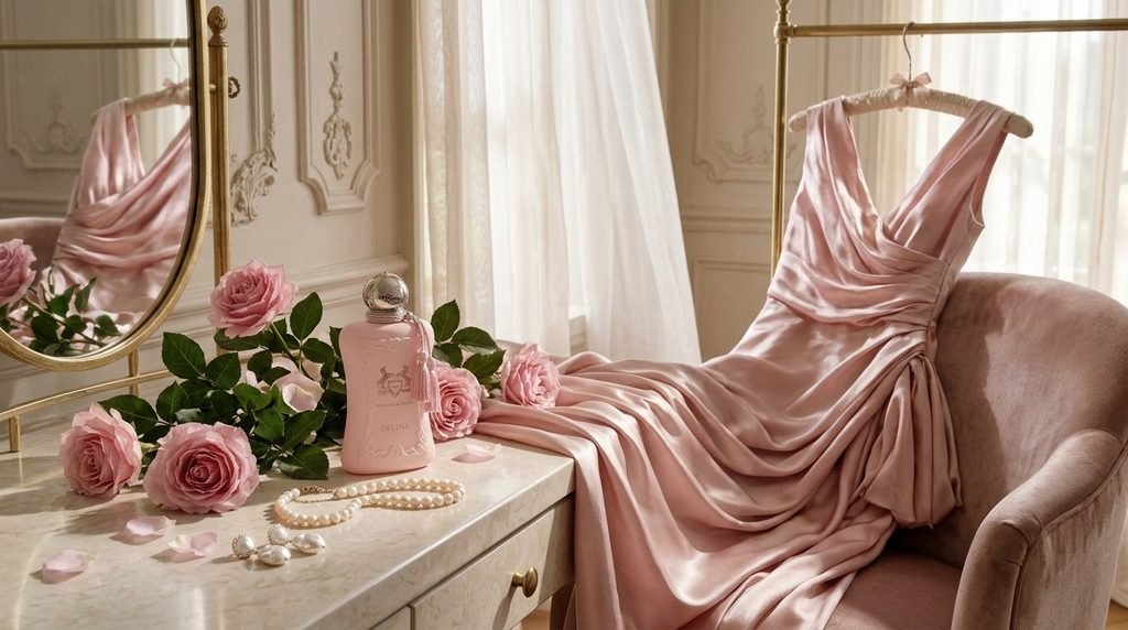 Delina Perfume bottle styled beside a blush pink satin dress, pearl accessories, and fresh roses.