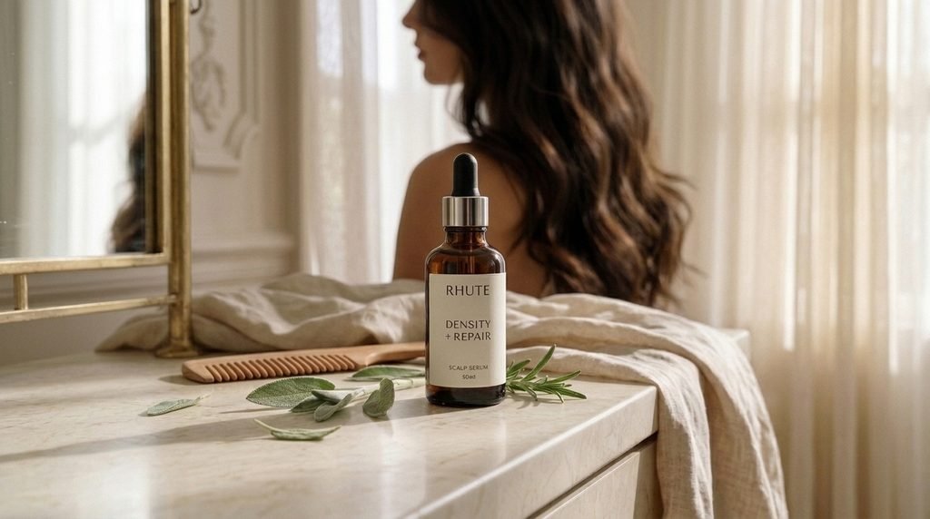 Rhute Density + Repair scalp serum bottle displayed on a clean cream vanity beside a hairbrush and soft neutral accessories.