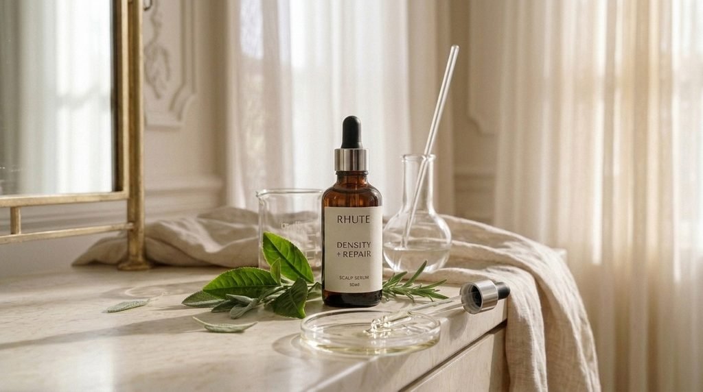 Hair serum bottle surrounded by green tea leaves, botanical extracts, and a minimalist ingredient-inspired beauty