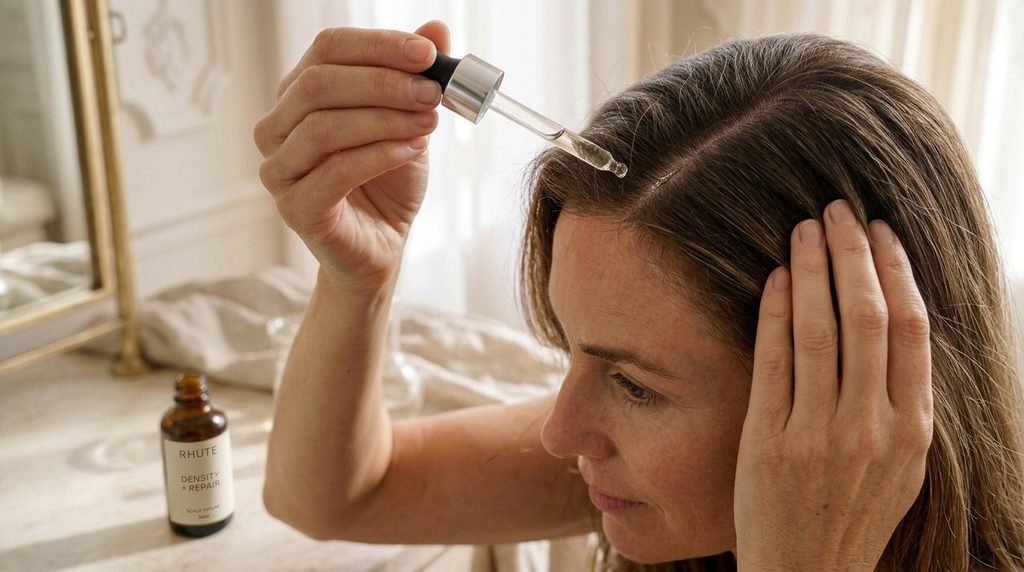 Close-up of an adult woman parting her hair and applying scalp serum directly to the scalp with a pipette.