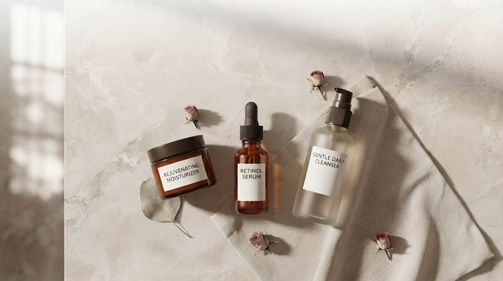Beginner skincare products including retinol serum, cleanser, and moisturizer