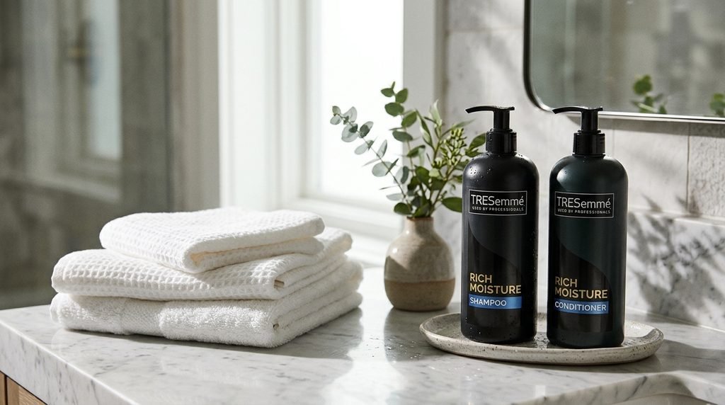 TRESemmé shampoo bottle displayed in a clean product photography setup.
