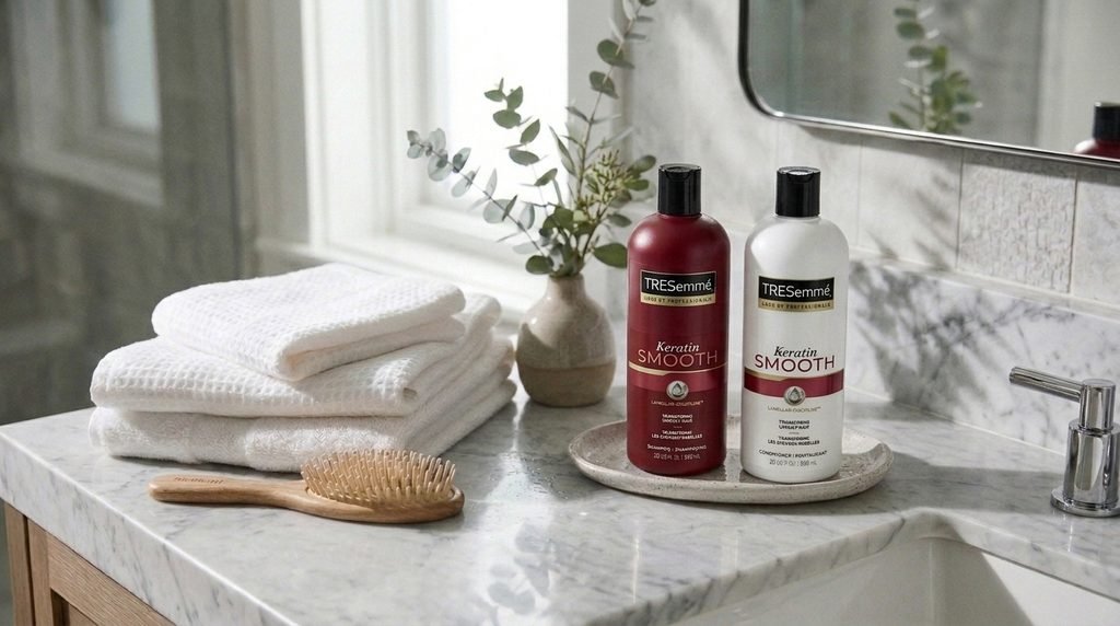TRESemmé Keratin Smooth shampoo bottle for a smoothing hair care routine.