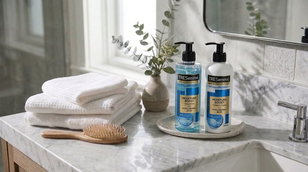 TRESemmé Moisture Boost shampoo bottle featured in a moisture-focused hair care setup.