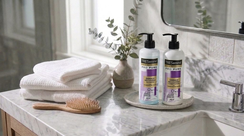 TRESemmé Pro Pure Damage Recovery shampoo bottle in a professional hair care display.