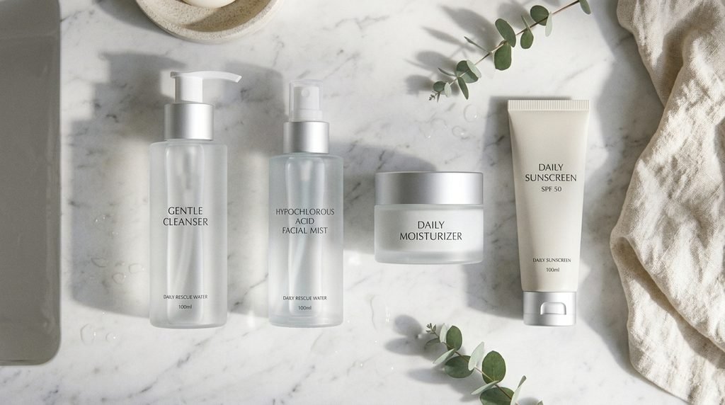 skincare routine with facial mist, moisturizer, and sunscreen.
