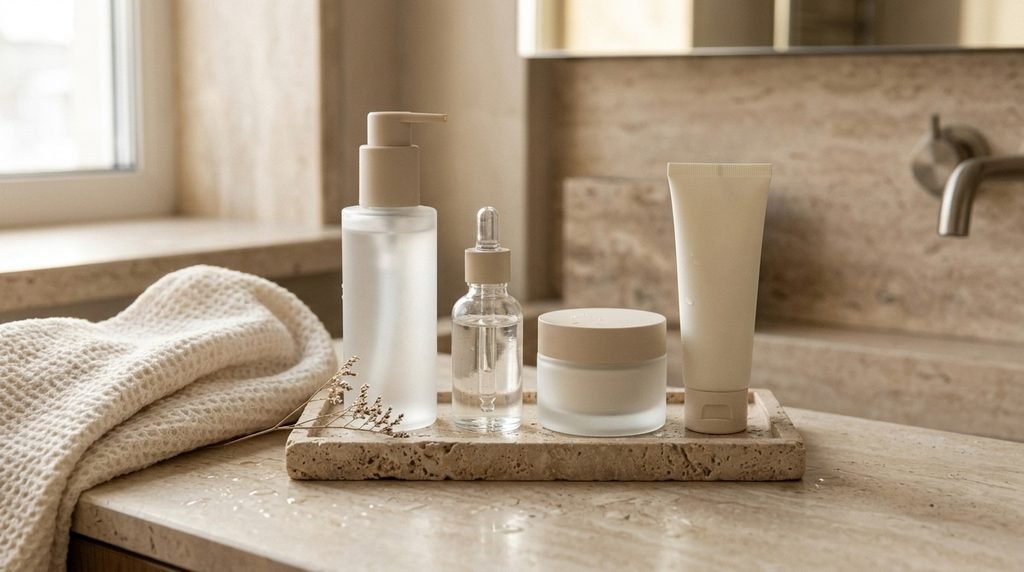 Gentle cleanser, hydrating serum, moisturizer, and sunscreen arranged for a winter morning skincare routine.