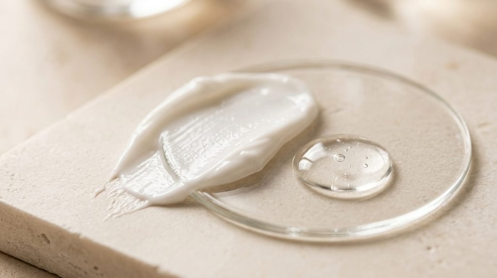 Rich cream texture and clear serum representing moisturizing ingredients for dry winter skin.