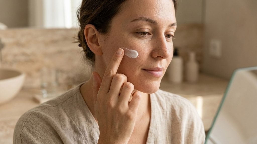 Person gently applying facial moisturizer to support skin hydration during winter.