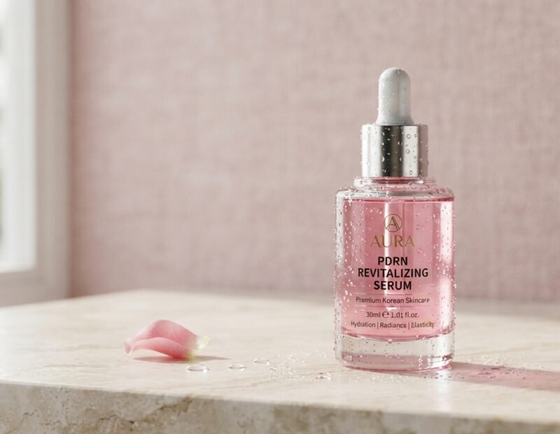 PDRN serum for skin in a pink glass skincare bottle