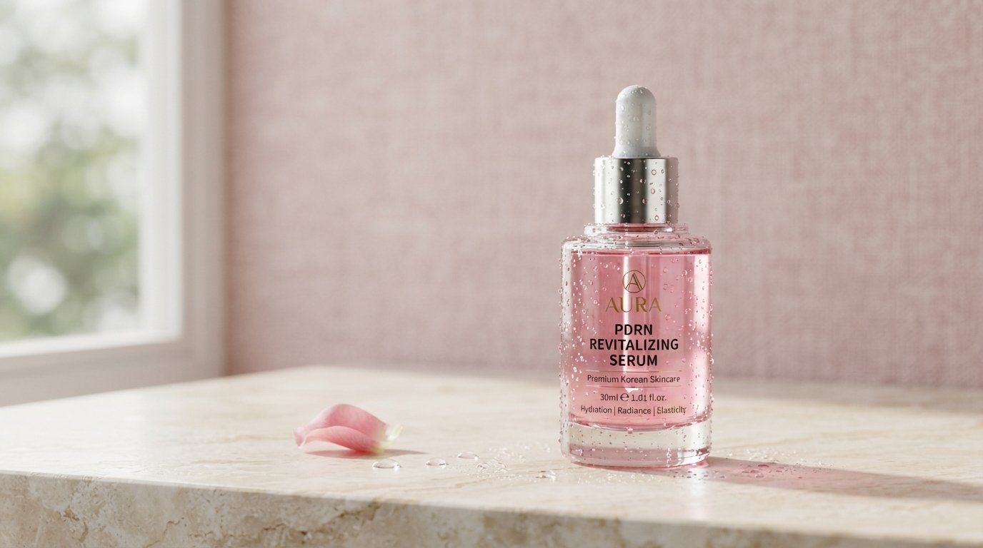 PDRN serum for skin in a pink glass skincare bottle