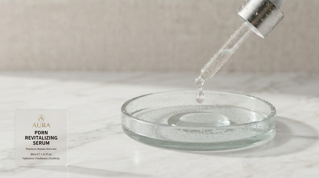Close-up of facial serum drops in a glass dish