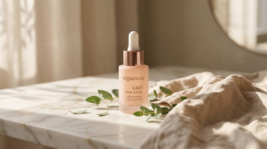 Vegamour GRO Hair Serum bottle displayed on a minimalist beauty vanity.