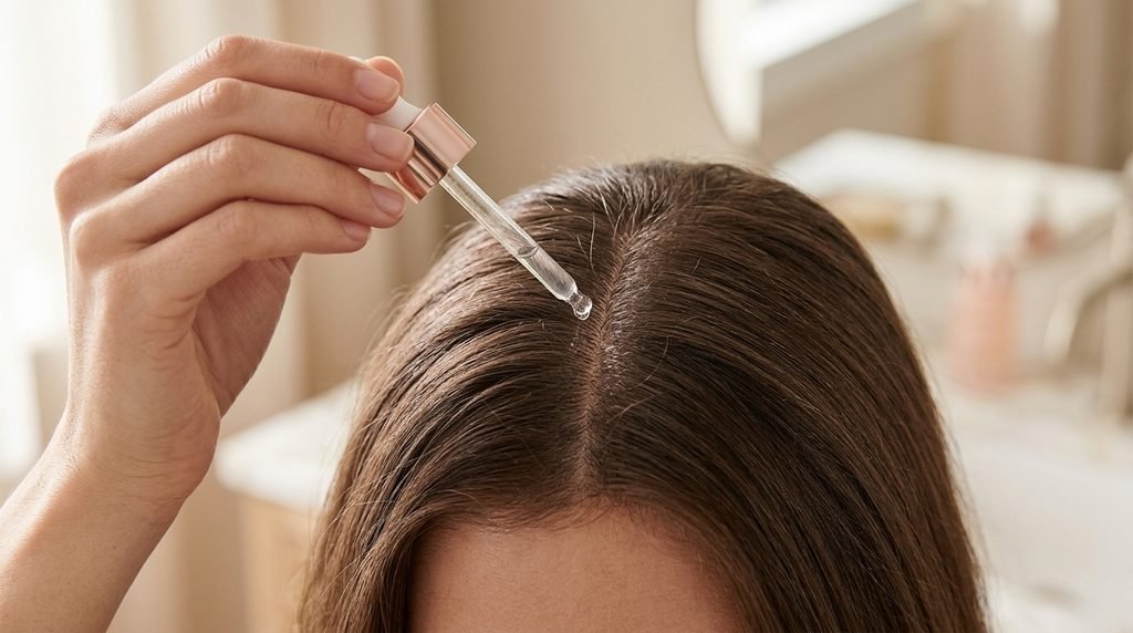 Applying hair serum directly to the scalp with a dropper.