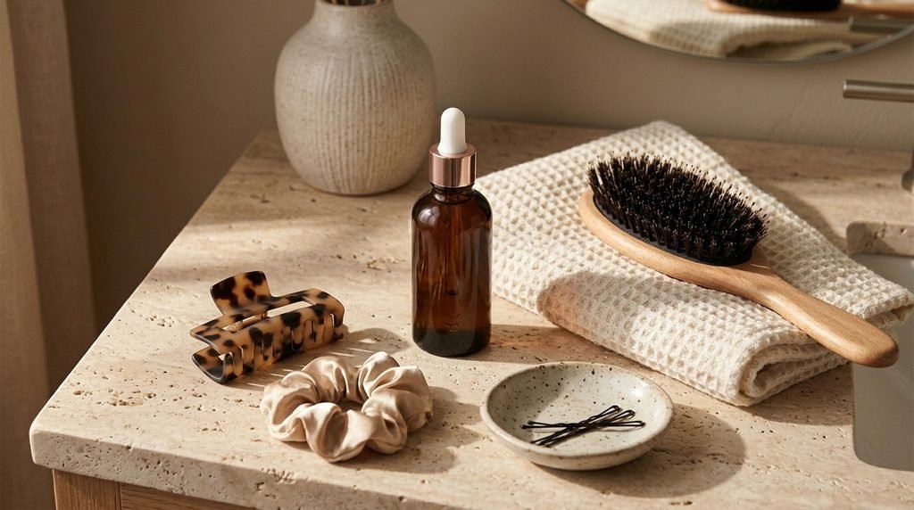 Hair serum, wooden hairbrush, and soft towel arranged for a simple daily hair care routine.