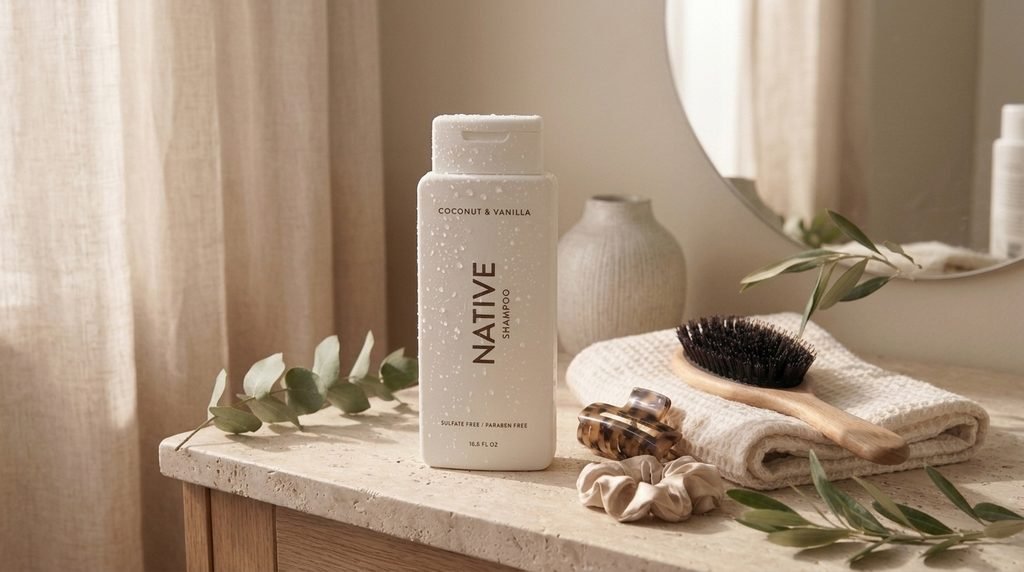 Native hair shampoo bottle displayed on a clean bathroom counter with a towel and hairbrush