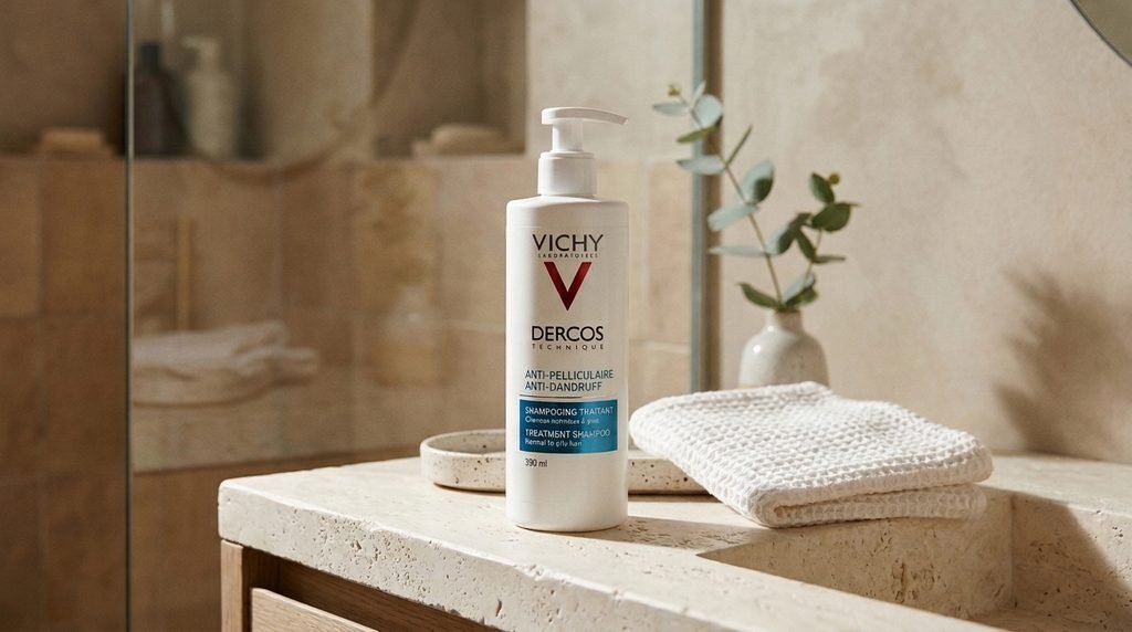 Vichy Dercos shampoo bottle displayed on a clean bathroom counter